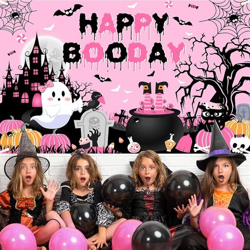 Avezano عيد ميلاد عيد ميلاد خلفية وردي Happy Boo Banner للفتيات اللطيف شبح بوو عيد ميلاد سعيد ديكورات طاولة كعكة 70.8x43.3inch in Saudi Arabia