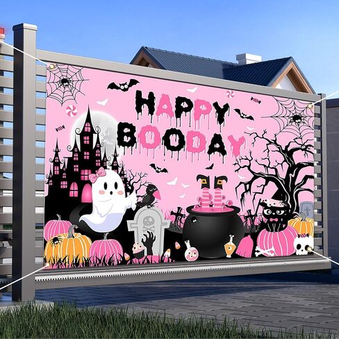 Avezano عيد ميلاد عيد ميلاد خلفية وردي Happy Boo Banner للفتيات اللطيف شبح بوو عيد ميلاد سعيد ديكورات طاولة كعكة 70.8x43.3inch in Saudi Arabia