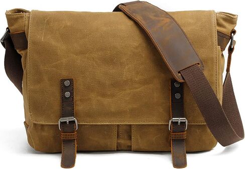 HuaChen Mens Messenger Bag, Vintage Genuine Leather Waxed Canvas Shoulder Bag for 14" Laptop,Rugged Briefcase Satchel in Saudi Arabia