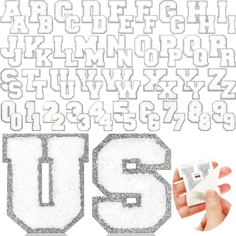 Jutom 72 PCS CHENILLE LETTER PATCES IRON على الرقع رقم رسالة لاصقة شنفيات شنز المطرزة للملابس (بيضاء مع حافة فضية) in Saudi Arabia