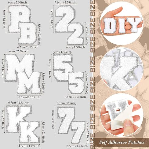 Jutom 72 PCS CHENILLE LETTER PATCES IRON على الرقع رقم رسالة لاصقة شنفيات شنز المطرزة للملابس (بيضاء مع حافة فضية) in Saudi Arabia