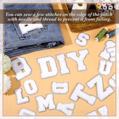 Jutom 72 PCS CHENILLE LETTER PATCES IRON على الرقع رقم رسالة لاصقة شنفيات شنز المطرزة للملابس (بيضاء مع حافة فضية) in Saudi Arabia