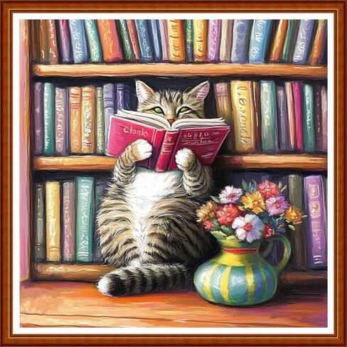 Funart Stamped Cross Stitch Kits for Beginners Full Range of Cross Stitching Preprinted Embroidery Kits for Adults, 11CT Embroidery Pattern Needlepoint Kits-Bookshelf Cat Reading 18x18 inch in Kuwait