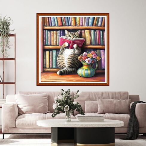Funart Stamped Cross Stitch Kits for Beginners Full Range of Cross Stitching Preprinted Embroidery Kits for Adults, 11CT Embroidery Pattern Needlepoint Kits-Bookshelf Cat Reading 18x18 inch in Kuwait