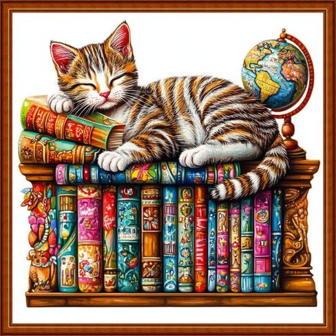 Funart Stamped Cross Stitch Kits for Beginners Full Range of Cross Stitching Preprinted Embroidery Kits for Adults, 11CT Embroidery Pattern Needlepoint Kits-Bookshelf Cat Reading 18x18 inch in Kuwait