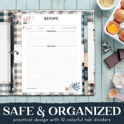 Recipe Binder Organizer, 3-Ring Plaid Cookbook Binder with 12 Custom Dividers, 25 Protective Pages, Ample Space Recipe Cards, Cooking Conversion Chart Inside Cover, Scratch Resistant Tabs in Saudi Arabia