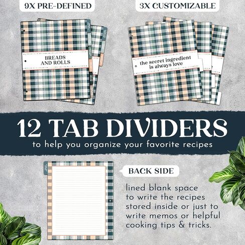 Recipe Binder Organizer, 3-Ring Plaid Cookbook Binder with 12 Custom Dividers, 25 Protective Pages, Ample Space Recipe Cards, Cooking Conversion Chart Inside Cover, Scratch Resistant Tabs in Saudi Arabia