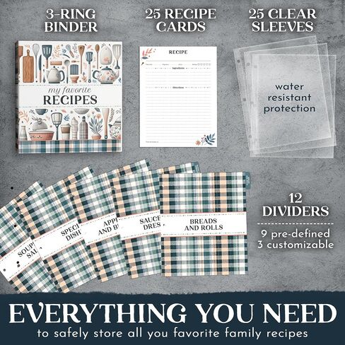 Recipe Binder Organizer, 3-Ring Plaid Cookbook Binder with 12 Custom Dividers, 25 Protective Pages, Ample Space Recipe Cards, Cooking Conversion Chart Inside Cover, Scratch Resistant Tabs in Saudi Arabia