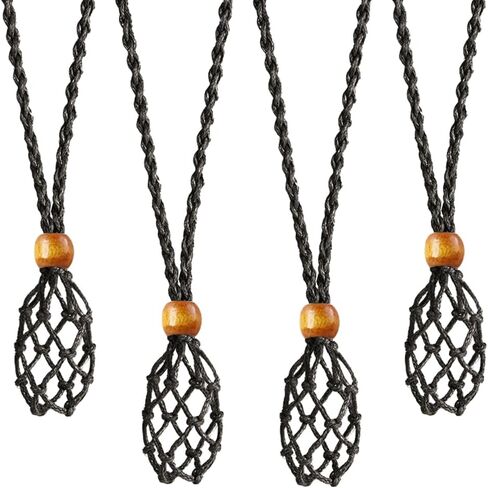 4 PCS Crystal Cage Necklace Holder Empty Stone Holder Replacement Hand-Woven Cord with Adjustable Length (Black) in Kuwait