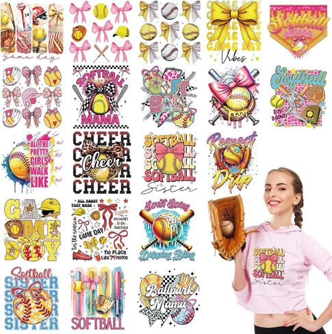 Softball Iron on Transfers for T-Shirts, 20 Pcs Women Softball DTF Transfers Ready to Press, Sport Iron on Patch Decals, Heat Transfer Vinyl for Bag Clothing DIY Craft in Saudi Arabia