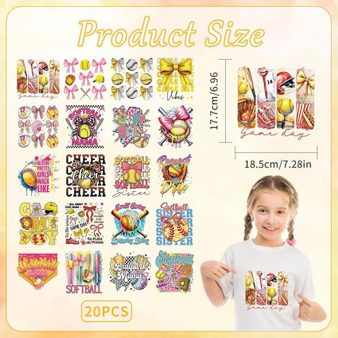 Softball Iron on Transfers for T-Shirts, 20 Pcs Women Softball DTF Transfers Ready to Press, Sport Iron on Patch Decals, Heat Transfer Vinyl for Bag Clothing DIY Craft in Saudi Arabia