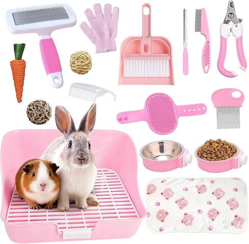 16 PCS Bunny Grooming Kit ، صندوق القمامة الأرانب ، ألعاب الأرنب ، البطانيات مع لوازم التنظيف ، وقعادة مرحاض للحيوانات الأليفة مع وعاء قفص للحيوانات الأليفة المعلقة مناسبة للأرنب ، خنزير غينيا (وردي) (وردي (16 مساءً)) in Kuwait