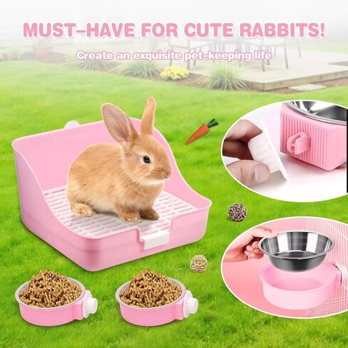 16 PCS Bunny Grooming Kit ، صندوق القمامة الأرانب ، ألعاب الأرنب ، البطانيات مع لوازم التنظيف ، وقعادة مرحاض للحيوانات الأليفة مع وعاء قفص للحيوانات الأليفة المعلقة مناسبة للأرنب ، خنزير غينيا (وردي) (وردي (16 مساءً)) in Kuwait