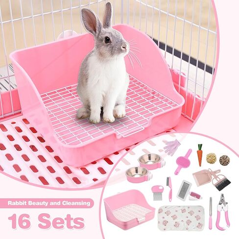 16 PCS Bunny Grooming Kit ، صندوق القمامة الأرانب ، ألعاب الأرنب ، البطانيات مع لوازم التنظيف ، وقعادة مرحاض للحيوانات الأليفة مع وعاء قفص للحيوانات الأليفة المعلقة مناسبة للأرنب ، خنزير غينيا (وردي) (وردي (16 مساءً)) in Kuwait
