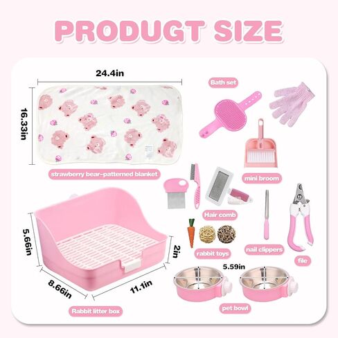 16 PCS Bunny Grooming Kit ، صندوق القمامة الأرانب ، ألعاب الأرنب ، البطانيات مع لوازم التنظيف ، وقعادة مرحاض للحيوانات الأليفة مع وعاء قفص للحيوانات الأليفة المعلقة مناسبة للأرنب ، خنزير غينيا (وردي) (وردي (16 مساءً)) in Kuwait