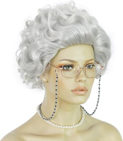 ANOGOL Wig Cap+ Short Curly Wig for 1920s Rocker Wig ( 1 Long C Holder + 1920s Long Gloves + 1 Pearl Necklace+1 Black Blindfold ) Black and White Wig for Women Synthetic Wavy Wigs for Halloween in Saudi Arabia