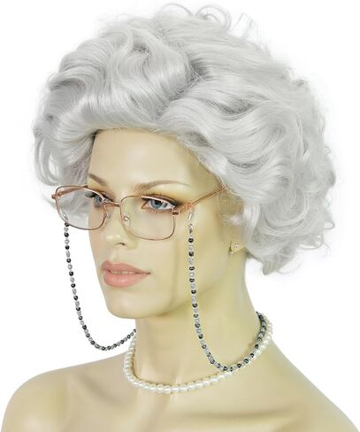 ANOGOL Wig Cap+ Short Curly Wig for 1920s Rocker Wig ( 1 Long C Holder + 1920s Long Gloves + 1 Pearl Necklace+1 Black Blindfold ) Black and White Wig for Women Synthetic Wavy Wigs for Halloween in Saudi Arabia
