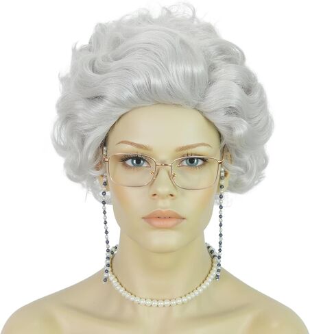 ANOGOL Wig Cap+ Short Curly Wig for 1920s Rocker Wig ( 1 Long C Holder + 1920s Long Gloves + 1 Pearl Necklace+1 Black Blindfold ) Black and White Wig for Women Synthetic Wavy Wigs for Halloween in Saudi Arabia
