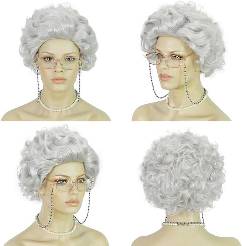 ANOGOL Wig Cap+ Short Curly Wig for 1920s Rocker Wig ( 1 Long C Holder + 1920s Long Gloves + 1 Pearl Necklace+1 Black Blindfold ) Black and White Wig for Women Synthetic Wavy Wigs for Halloween in Saudi Arabia