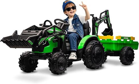 3 in 1 Ride on Tractor, 24V Ride on Toy for Big Kids, Excavator Bulldozer - Battery-Powered Electric Vehicle w/Trailer, Digger, Remote Control, LED Lights, Music, USB, Battery Powered, Green in Saudi Arabia