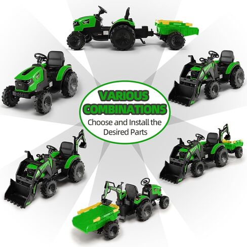 3 in 1 Ride on Tractor, 24V Ride on Toy for Big Kids, Excavator Bulldozer - Battery-Powered Electric Vehicle w/Trailer, Digger, Remote Control, LED Lights, Music, USB, Battery Powered, Green in Saudi Arabia