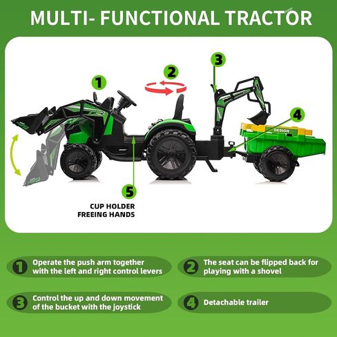 3 in 1 Ride on Tractor, 24V Ride on Toy for Big Kids, Excavator Bulldozer - Battery-Powered Electric Vehicle w/Trailer, Digger, Remote Control, LED Lights, Music, USB, Battery Powered, Green in Saudi Arabia