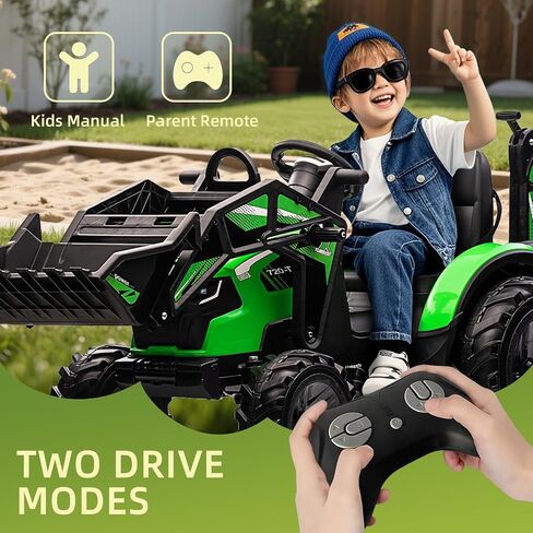 3 in 1 Ride on Tractor, 24V Ride on Toy for Big Kids, Excavator Bulldozer - Battery-Powered Electric Vehicle w/Trailer, Digger, Remote Control, LED Lights, Music, USB, Battery Powered, Green in Saudi Arabia