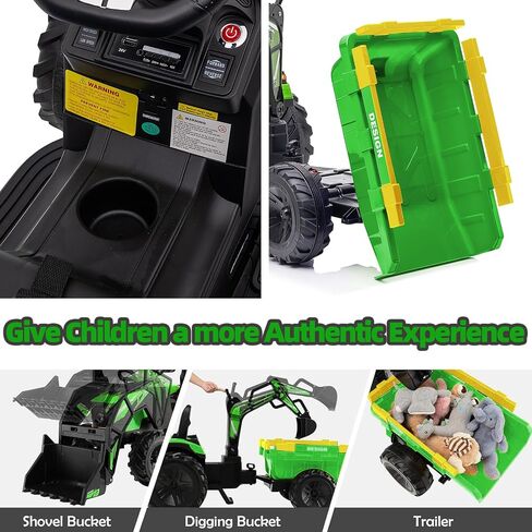 3 in 1 Ride on Tractor, 24V Ride on Toy for Big Kids, Excavator Bulldozer - Battery-Powered Electric Vehicle w/Trailer, Digger, Remote Control, LED Lights, Music, USB, Battery Powered, Green in Saudi Arabia