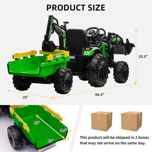 3 in 1 Ride on Tractor, 24V Ride on Toy for Big Kids, Excavator Bulldozer - Battery-Powered Electric Vehicle w/Trailer, Digger, Remote Control, LED Lights, Music, USB, Battery Powered, Green in Saudi Arabia