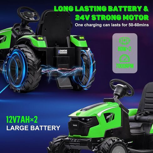 3 in 1 Ride on Tractor, 24V Ride on Toy for Big Kids, Excavator Bulldozer - Battery-Powered Electric Vehicle w/Trailer, Digger, Remote Control, LED Lights, Music, USB, Battery Powered, Green in Saudi Arabia