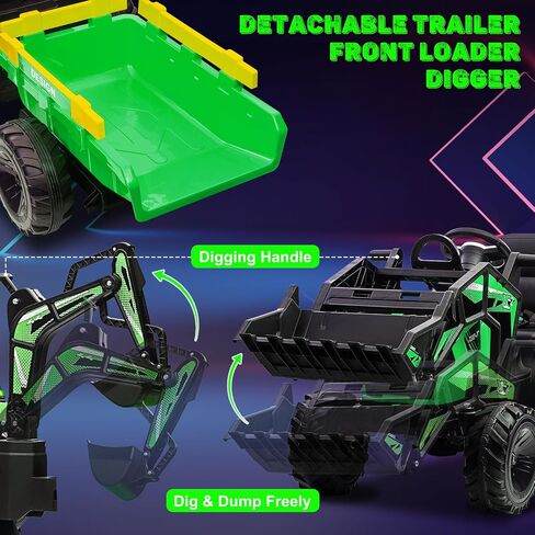 3 in 1 Ride on Tractor, 24V Ride on Toy for Big Kids, Excavator Bulldozer - Battery-Powered Electric Vehicle w/Trailer, Digger, Remote Control, LED Lights, Music, USB, Battery Powered, Green in Saudi Arabia