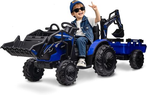 3 in 1 Ride on Tractor, 24V Ride on Toy for Big Kids, Excavator Bulldozer - Battery-Powered Electric Vehicle w/Trailer, Digger, Remote Control, LED Lights, Music, USB, Battery Powered, Green in Saudi Arabia
