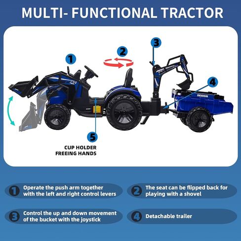 3 in 1 Ride on Tractor, 24V Ride on Toy for Big Kids, Excavator Bulldozer - Battery-Powered Electric Vehicle w/Trailer, Digger, Remote Control, LED Lights, Music, USB, Battery Powered, Green in Saudi Arabia