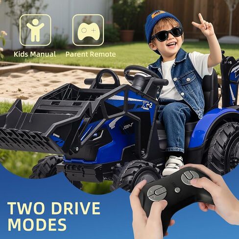 3 in 1 Ride on Tractor, 24V Ride on Toy for Big Kids, Excavator Bulldozer - Battery-Powered Electric Vehicle w/Trailer, Digger, Remote Control, LED Lights, Music, USB, Battery Powered, Green in Saudi Arabia
