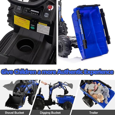 3 in 1 Ride on Tractor, 24V Ride on Toy for Big Kids, Excavator Bulldozer - Battery-Powered Electric Vehicle w/Trailer, Digger, Remote Control, LED Lights, Music, USB, Battery Powered, Green in Saudi Arabia