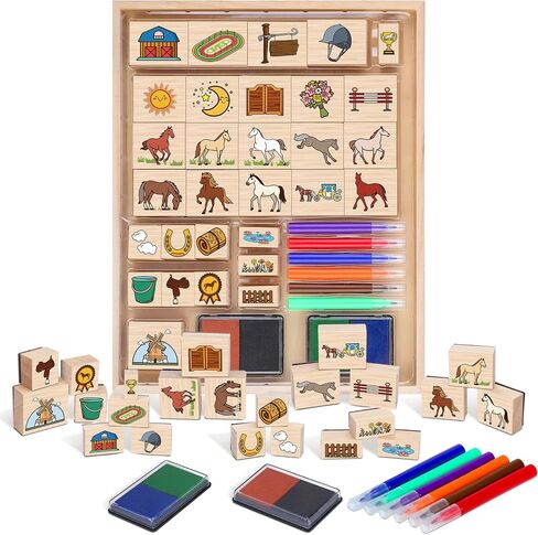 Honoson 38 PCS Horses Stable Wooden Stamp Set Horses Stamp Rubber Rubber Steeds Gifts Spirit Ponies Toys with Stamps Seal Seal for Birthday Gift Party Gownoy Gownof in Saudi Arabia