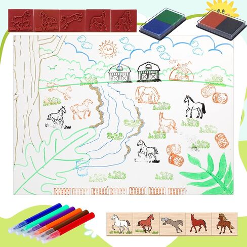 Honoson 38 PCS Horses Stable Wooden Stamp Set Horses Stamp Rubber Rubber Steeds Gifts Spirit Ponies Toys with Stamps Seal Seal for Birthday Gift Party Gownoy Gownof in Saudi Arabia