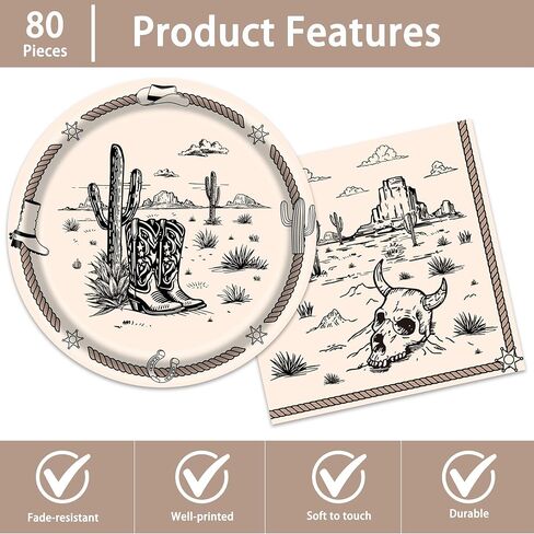 80 Pcs Western Party Plates and Napkins for 40 Guests Western Party Supplies Disposable Tableware Set Horses, Cacti Paper Plates Napkins for Wild West Birthday BBQ Parties,Westerns Picnics Barbecue in Saudi Arabia