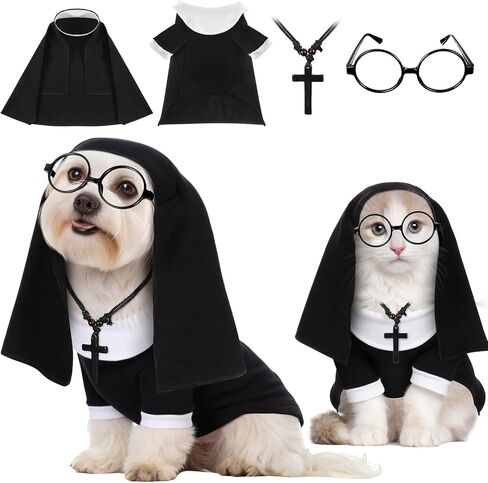 4 Pcs Dog Halloween Nun Costume Set Pet Nun Clothes with Lensless Glasses Cross Necklace Funny Cat Puppy Cosplay Party Outfits for Halloween Dogs Cats Dress Up Holiday Uniform Cosplay (XL) in Saudi Arabia