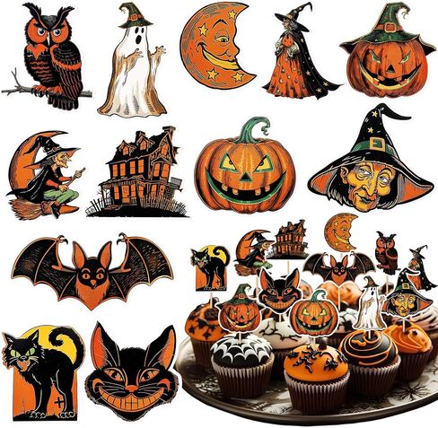 48 Pcs Vintage Halloween Cupcake Toppers Vintage Halloween Decorations Toothpicks for Appetizers Retro Pumpkin Cat Witch Cocktail Picks for Cake Dessert Fruit Food Picks Party Decor in Saudi Arabia