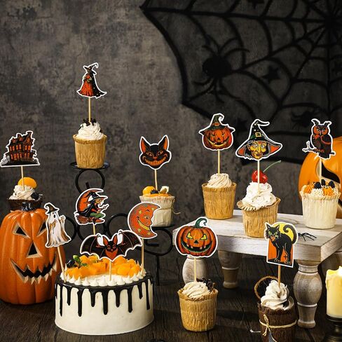 48 Pcs Vintage Halloween Cupcake Toppers Vintage Halloween Decorations Toothpicks for Appetizers Retro Pumpkin Cat Witch Cocktail Picks for Cake Dessert Fruit Food Picks Party Decor in Saudi Arabia