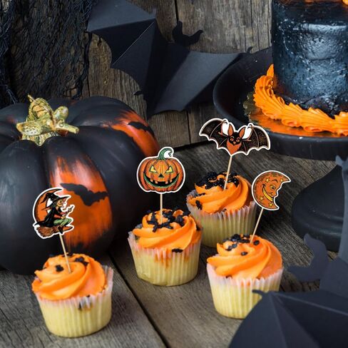 48 Pcs Vintage Halloween Cupcake Toppers Vintage Halloween Decorations Toothpicks for Appetizers Retro Pumpkin Cat Witch Cocktail Picks for Cake Dessert Fruit Food Picks Party Decor in Saudi Arabia