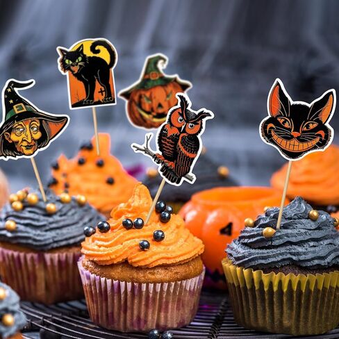 48 Pcs Vintage Halloween Cupcake Toppers Vintage Halloween Decorations Toothpicks for Appetizers Retro Pumpkin Cat Witch Cocktail Picks for Cake Dessert Fruit Food Picks Party Decor in Saudi Arabia