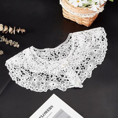 AHANDMAKER White Lace Collar, Embroidered Lace Neckline Collar, Floral Detachable Blouse False Collar Trim with Imitation Pearl Decorative Collar for Costume Sewing Craft Supplies in Saudi Arabia