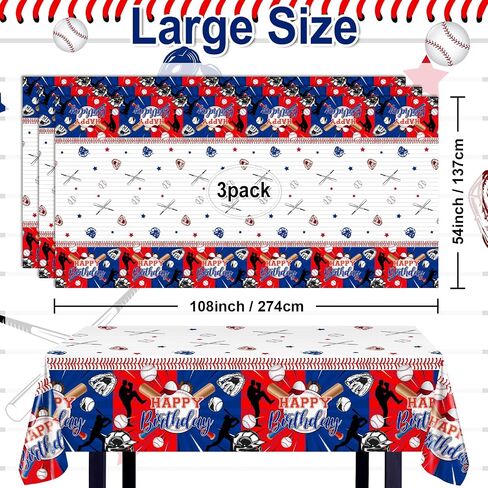 Avezano 3 PCS Baseball Tablecloth البلاستيك 108 × 54 بوصة البيسبول ديكورات حفلات للأطفال للأطفال يغطي طاولة الأولاد مستطيلة الحدث الرياضي ديكور حفلة عيد ميلاد in Saudi Arabia