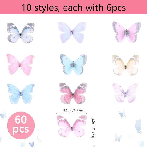 60pcs urganza النسيج الفراشة الفراشات الفراشات للحرف اليدوية الملونة ثلاثية الأبعاد الدانتيل الفراشة 2 طبقة 10 أنماط الديكور الجدار ل DIY حفل زفاف الزفاف الديكور ملابس الزخرفة المنزل in Saudi Arabia