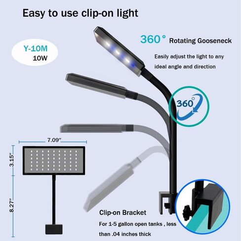 Clip-on Aquarium Light 8w (3 Timers, 3 Modes, 10 Dimming, Split Power) for Coral, Reef, Saltwater Fish, Algae Scrubber Nano/Mini/Pico/Refugium Tank,1-10Gallon(5-12in) Aquarium in Saudi Arabia