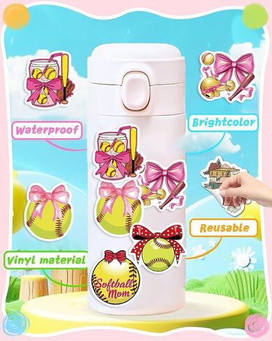 50pcs pink coquettte أقواس ألوان الكرة اللينة ، ملصقات مقاومة للماء فينيل تحفيزي لزجاجات المياه ، الخوذات ، الأمتعة ، حوافز التدريس ، هدايا الكرة اللينة للأطفال ، المراهقين والبالغين in Kuwait