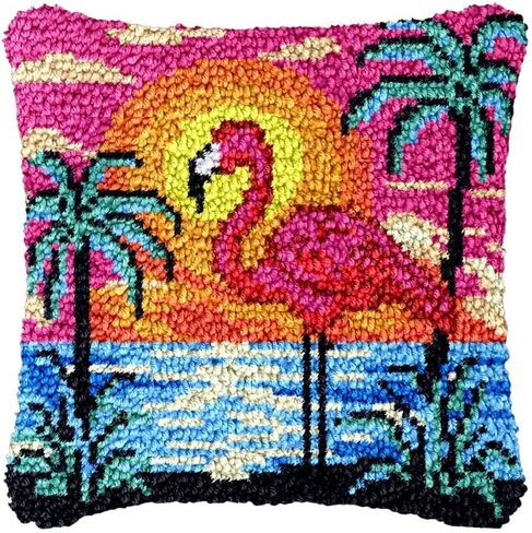Beginner Latch Hook Pillow Kits Set Flamingo Bird Sofa Cushion Cover Latch Hook Carpet Rug Acrylic Yarn,Pillowcase Craft Kits with Printed Canvas for Starter 17 x 17 Inch in Saudi Arabia