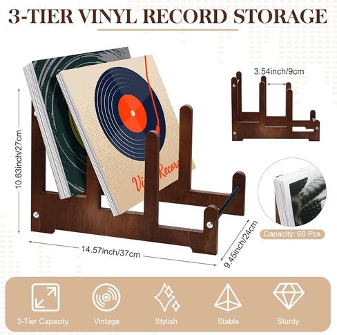 حامل سجل فينيل ، 60 رف تخزين التسجيل ، Retro 3 Tier Storage Display Display Reshel Cand for Vinyl Magazine Book Files ، Easy Assembly in Kuwait